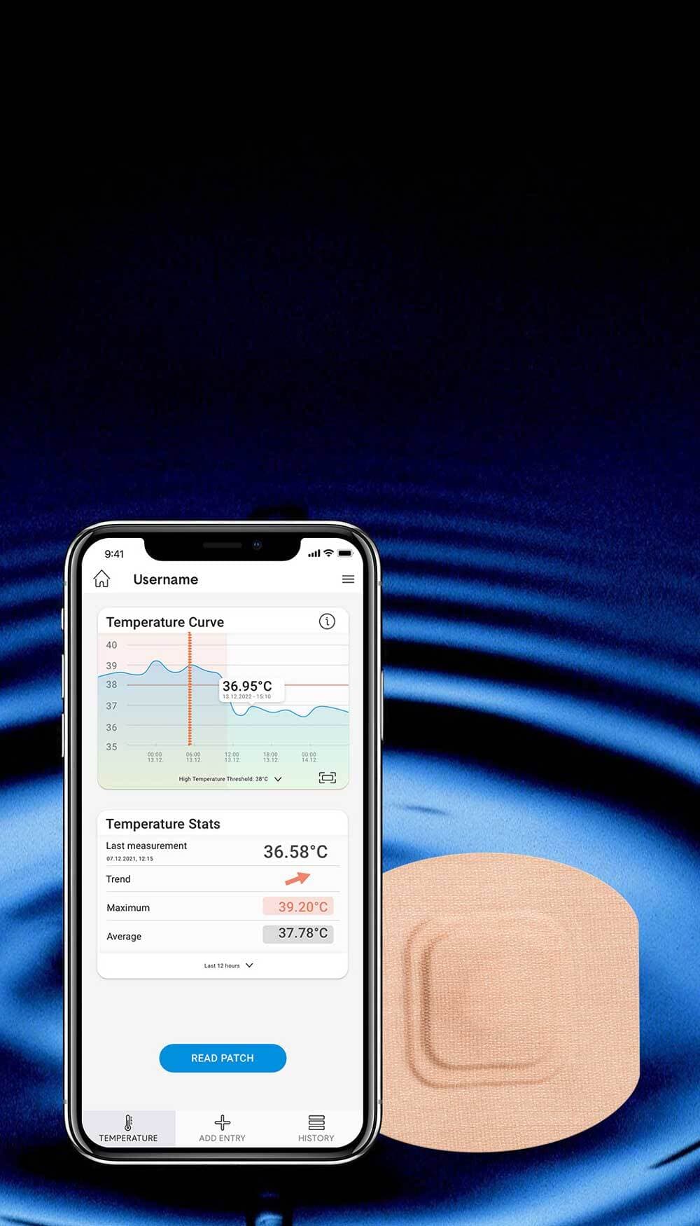 STEADYTEMP®-App mit Temperaturkurve und Fieberwerten vor einem Sensorpatch