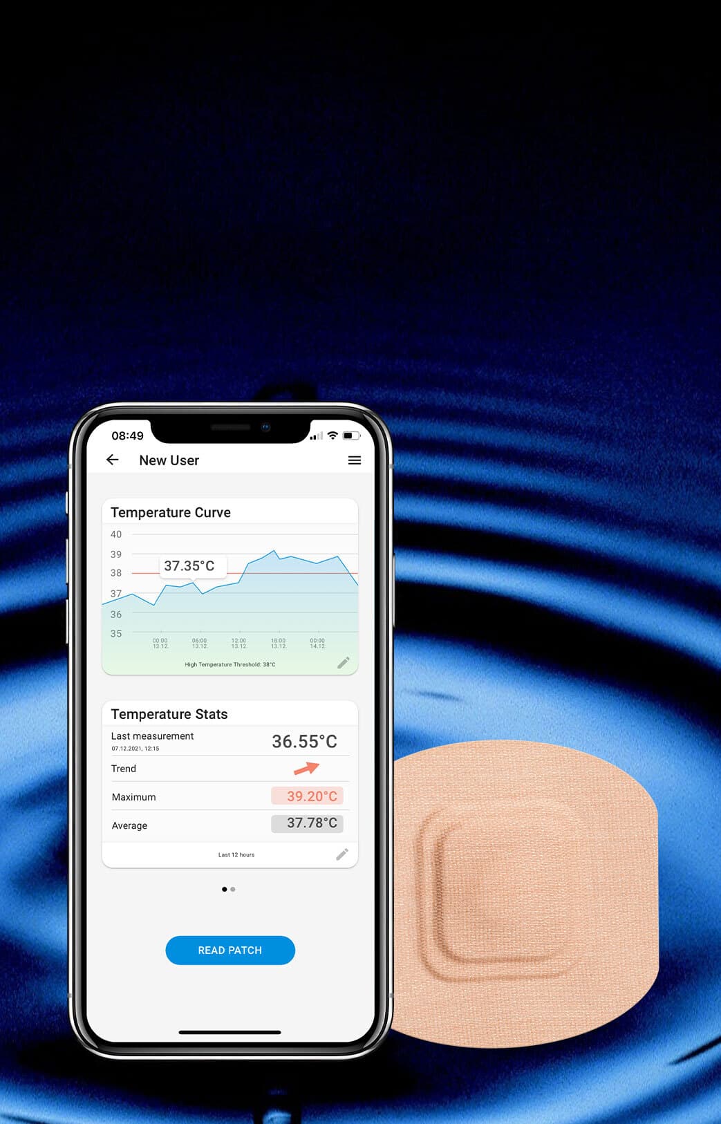 STEADYTEMP®-app screen showing a temperature curve and recorded temperature data in front of a STEADYTEMP® sensor patch.