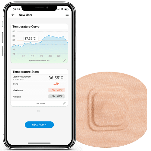Smartphone with STEADYTEMP® App showing temperature curve beside a STEADYTEMP® Patch.
