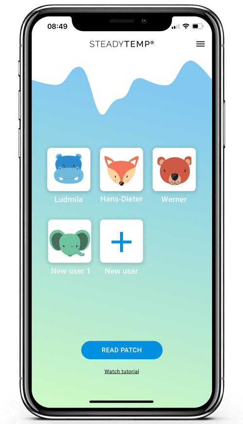 Handy-Screen zeigt 5 erstellte User-Profile in der STEADYTEMP® App