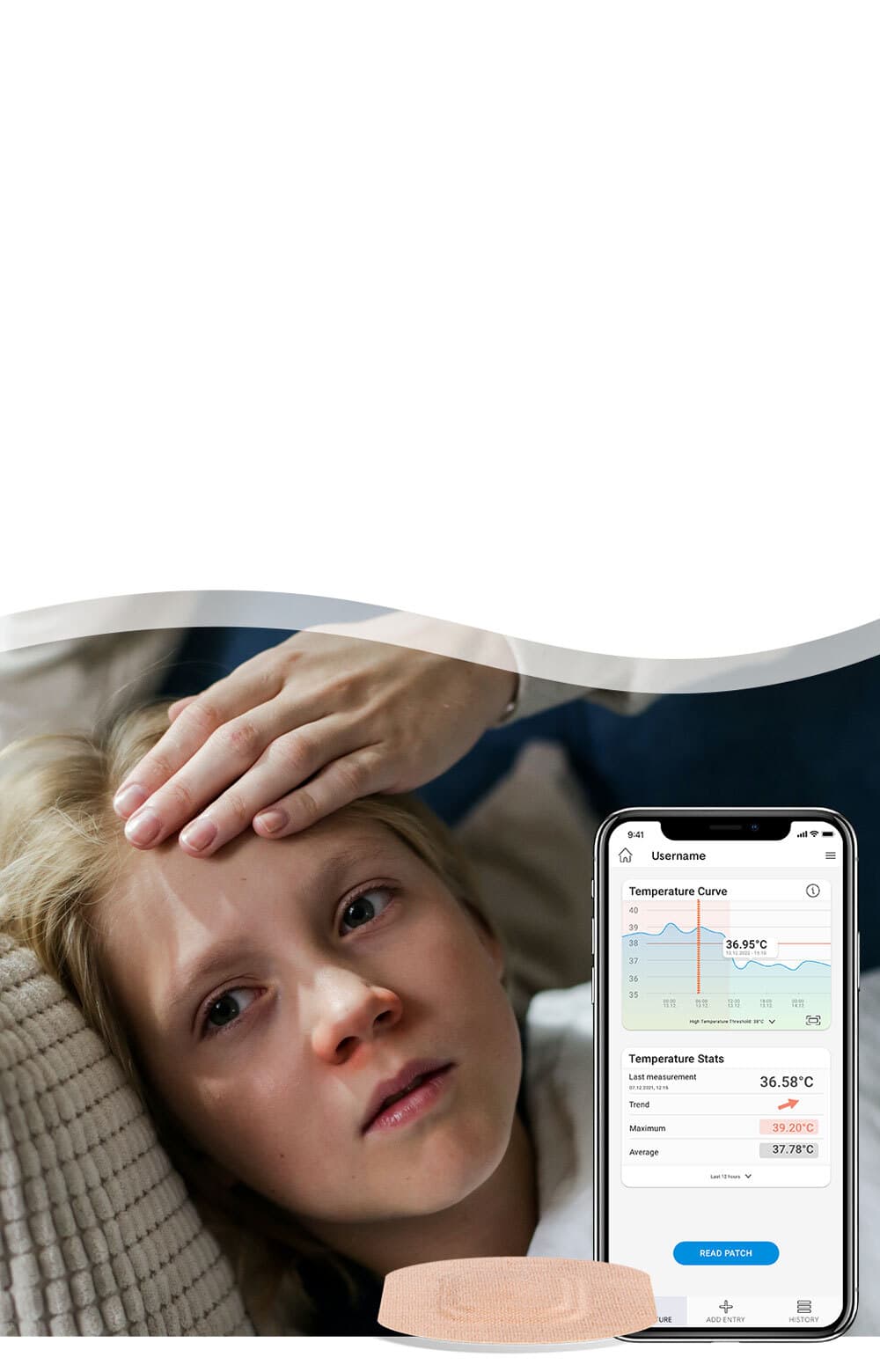 A sick young girl is lying in bed. Her mother`s hand is feeling her temperature on her forehead. An image of the STEADYTEMP® app screen and sensor patch are in the foreground.