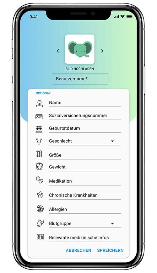 Handy-Bildschirm zeigt die Eingabe des medizinischen Benutzerprofils wie Name, Blutgruppe, Allergien, chronischen Krankheiten u.v.m.