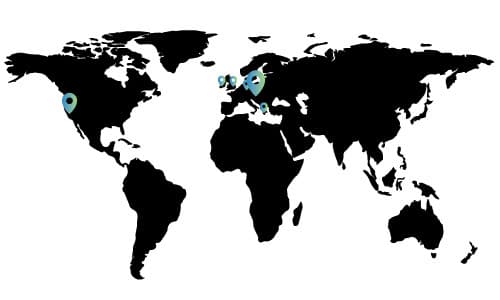 Weltkarte mit Stecknadeln an den internationalen Standorten von STEADYTEMP